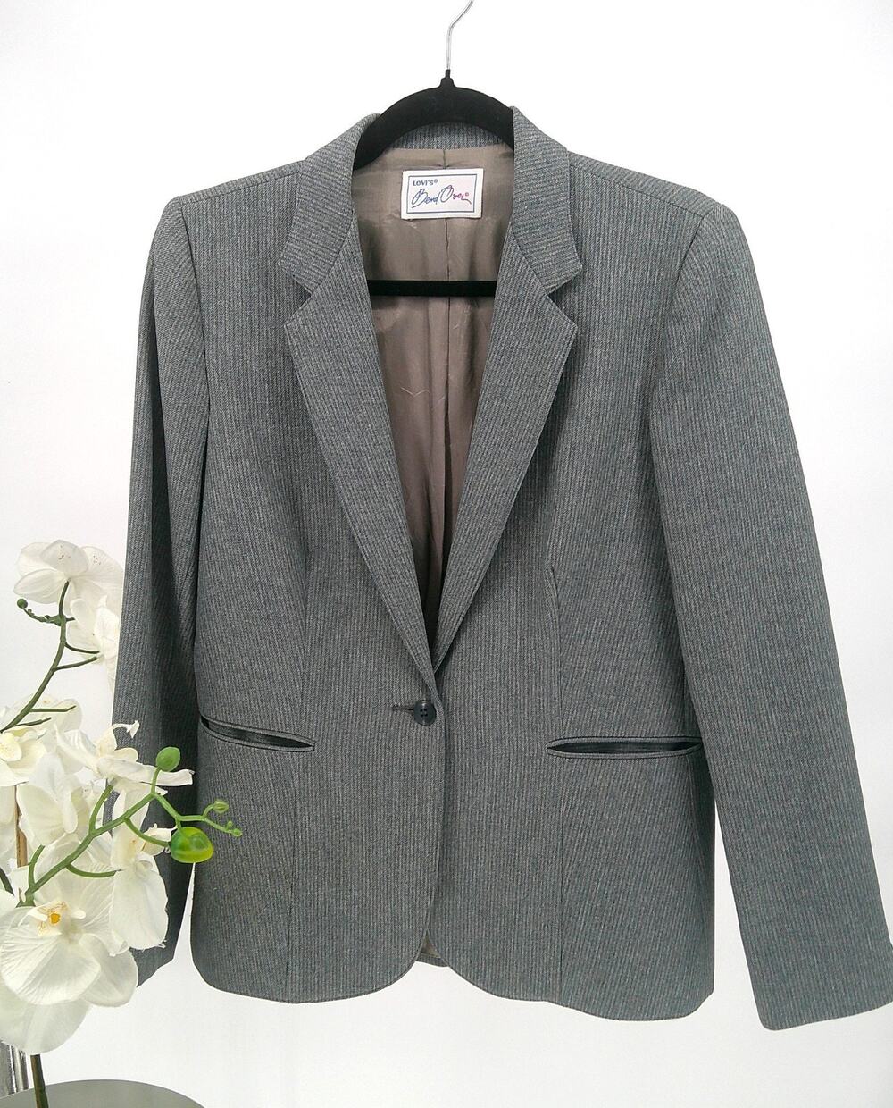 Vintage Levi's Bend Over Womens Gray Lined Striped Single Breasted Blazer Sz 12